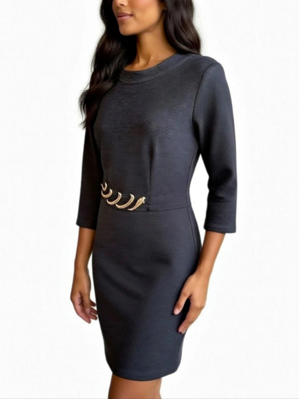 Joseph Ribkoff Vintage Black Sheath Dress with Gold-Tone Snake Detailed Waist